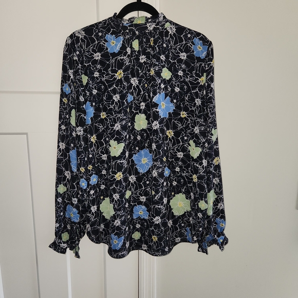 NYDJ Floral Blouse - Ruffle Neck - Black, Blue, Green Size Large - Picture 2 of 6